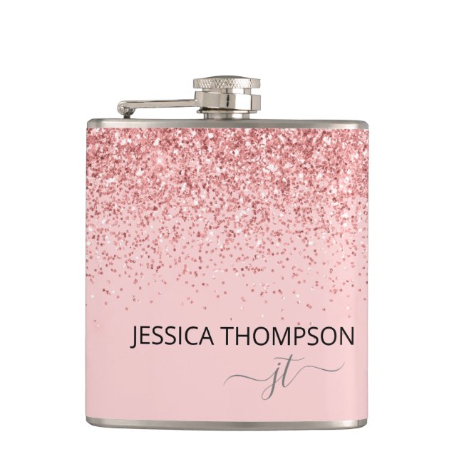 Girly Glitter Blush Pink Simple Monogram Name Flask (Front)