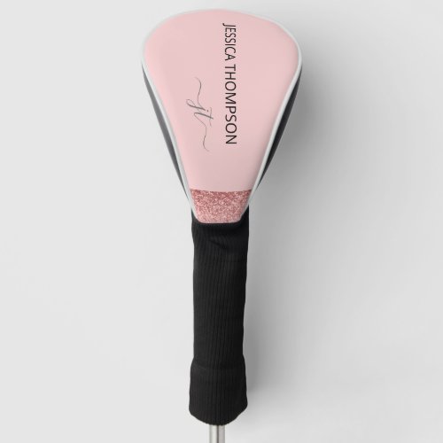 Girly Glitter Blush Pink Simple Monogram Name Golf Head Cover