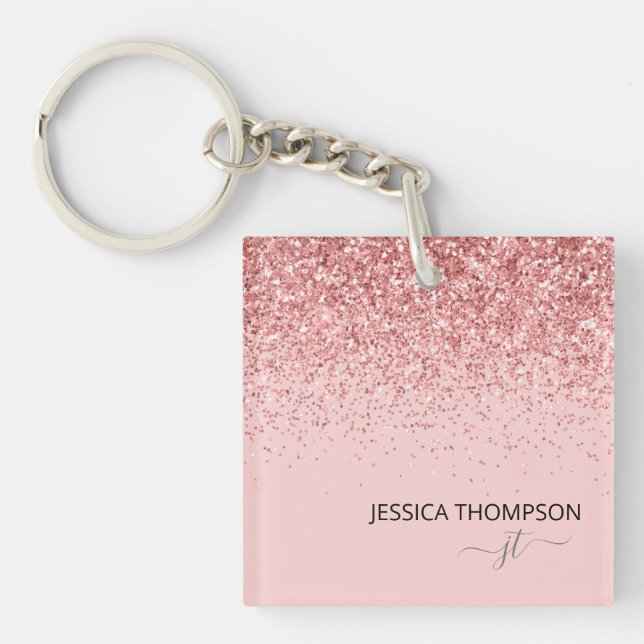 Girly Glitter Blush Pink Simple Monogram Name Keychain (Front)