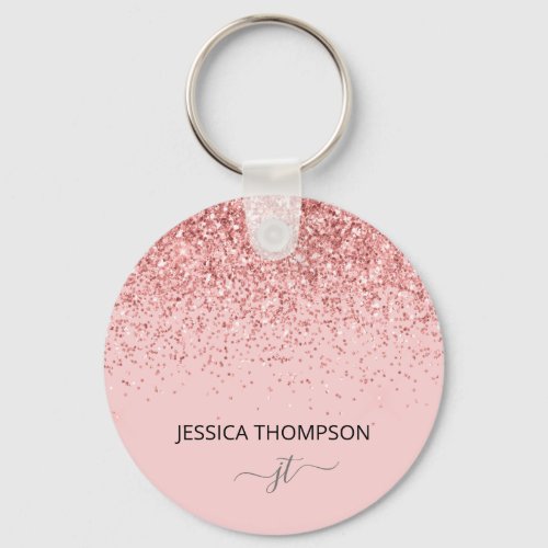 Girly Glitter Blush Pink Simple Monogram Name  Keychain