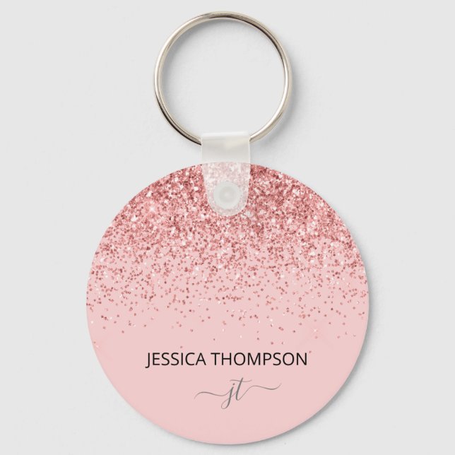 Girly Glitter Blush Pink Simple Monogram Name  Keychain (Front)