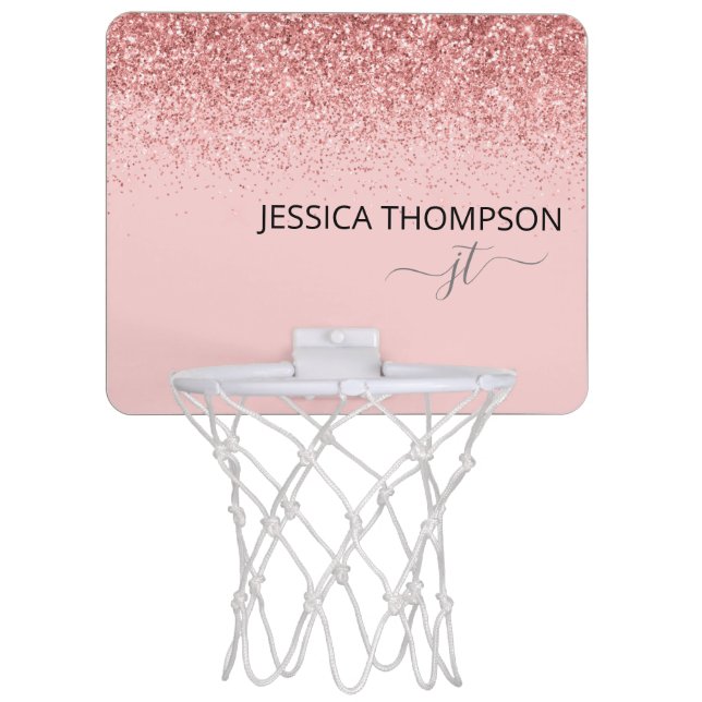 Girly Glitter Blush Pink Simple Monogram Name  Mini Basketball Hoop (Front)