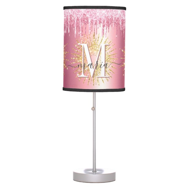 Girly Glitter Chic Pink Drip Personalized Monogram Table Lamp (Front)