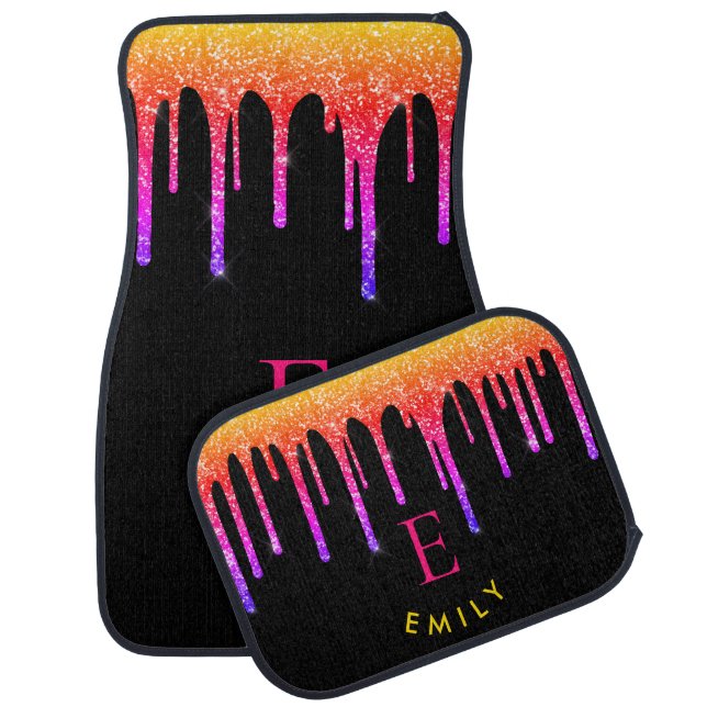 Girly Glitter Drip Monogram Name Pink Yellow Black Car Floor Mat (Set)