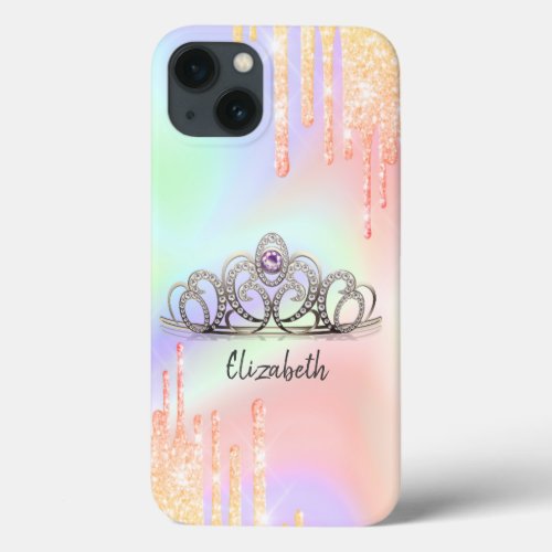 Girly Glitter Drips Ombre Tiara Holographic iPhone 13 Case
