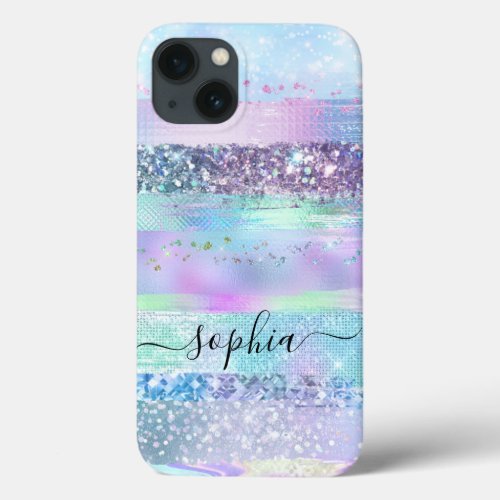 Girly Glitter Faux Holographic  Pink Blue Purple iPhone 13 Case