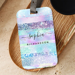 Girly Glitter Faux Holographic | Pink Blue Purple  Luggage Tag