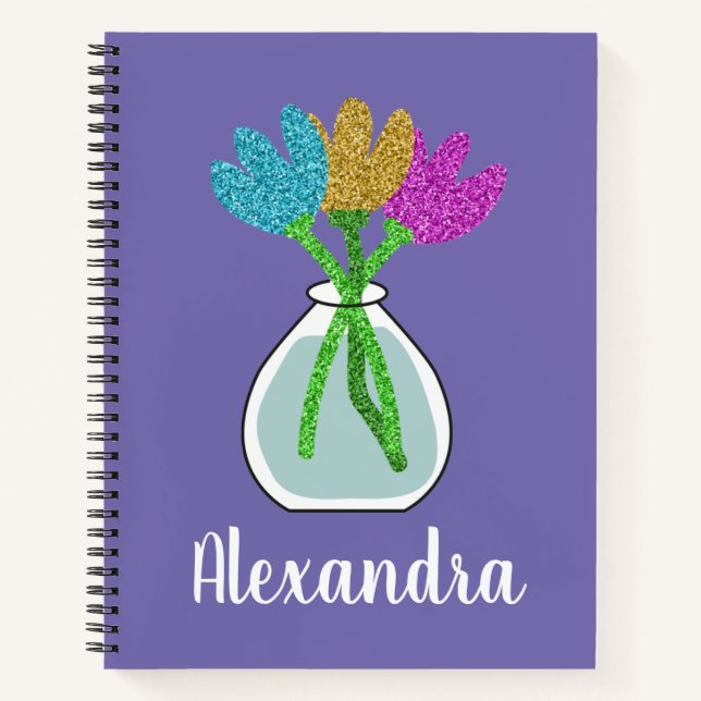 Girly Glitter Flowers Personalized  Notebook (Front)