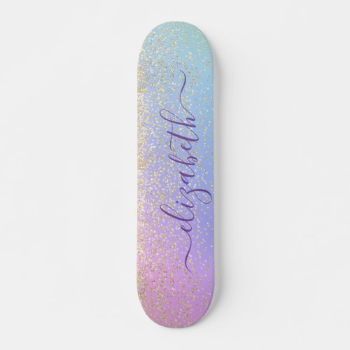 Girly Glitter Gold Confetti Personalized Rainbow Skateboard