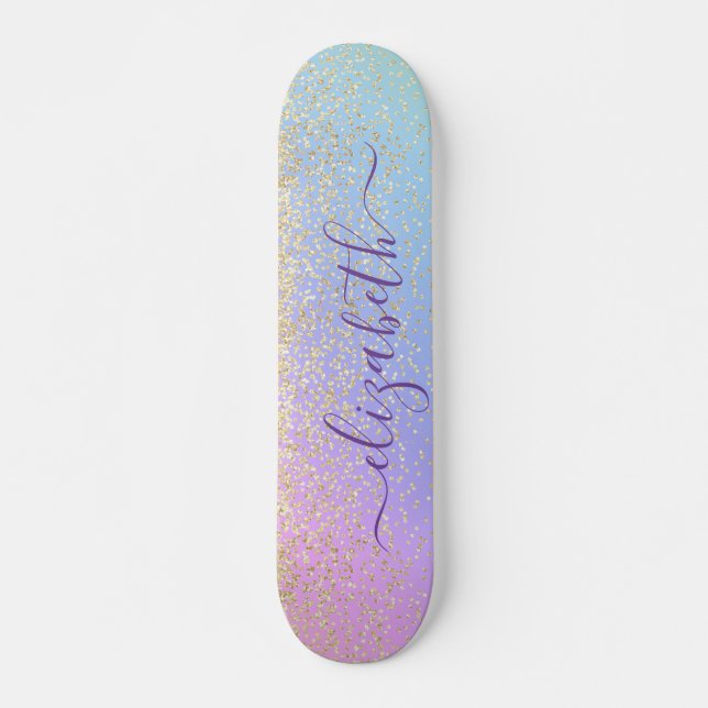 Girly Glitter Gold Confetti Personalized Rainbow Skateboard (Front)