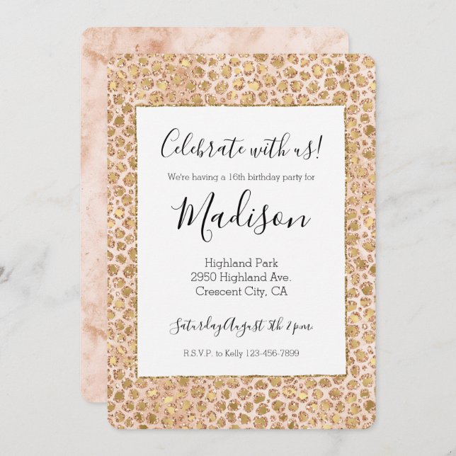 Girly Glitter Gold Peach Leopard Print Invitation (Front/Back)