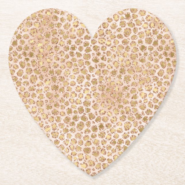 Girly Glitter Gold Peach Leopard Print Paper Coaster (Front)