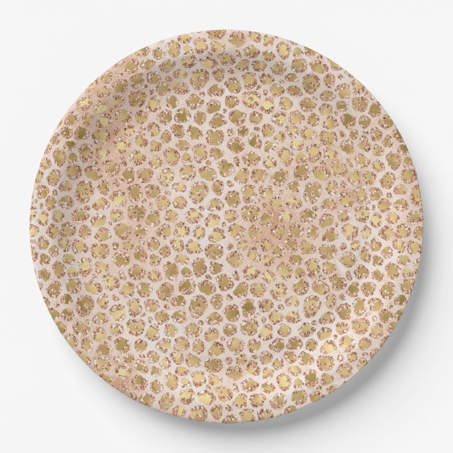 Girly Glitter Gold Peach Leopard Print Paper Plates (Front)