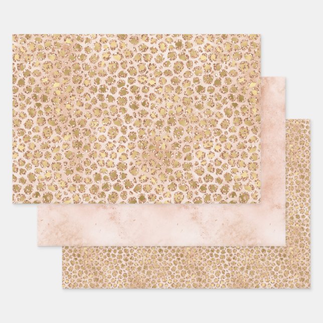 Girly Glitter Gold Peach Leopard Print Wrapping Paper Sheets (Set)
