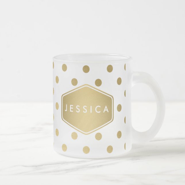 Girly Glitter Gold Polka Dots Pattern Monogram Frosted Glass Coffee Mug (Right)