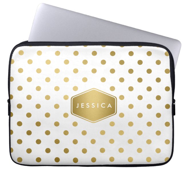Girly Glitter Gold Polka Dots Pattern Monogram Laptop Sleeve (Front)