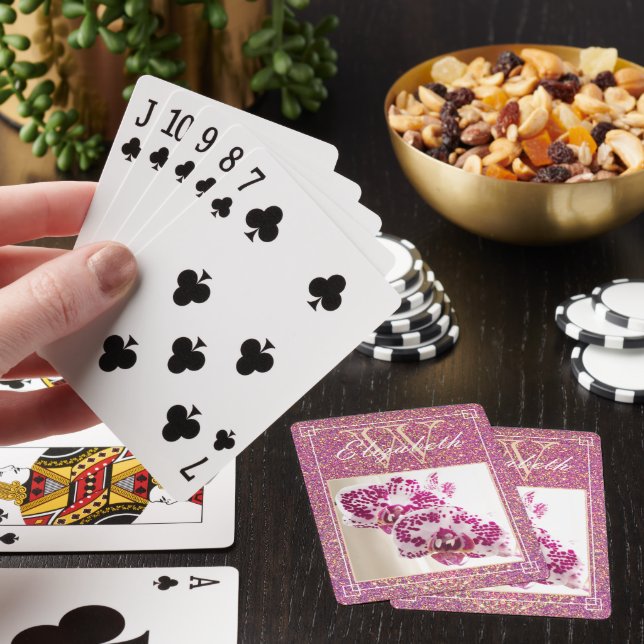 Girly Glitter Monogram Name Custom Floral Photo Poker Cards (In Situ)
