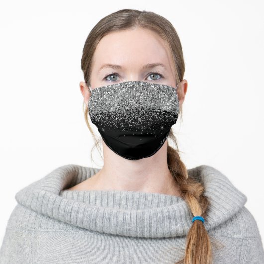 Girly Glitter Monogram Silver Black Modern Elegant Adult Cloth Face Mask (Worn)