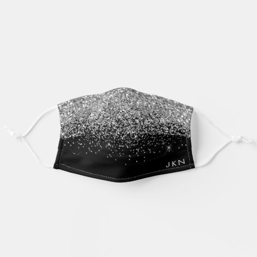 Girly Glitter Monogram Silver Black Modern Elegant Adult Cloth Face Mask (Front, Unfolded)