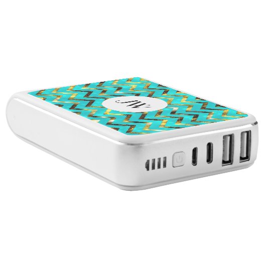 Girly glitter monogram turquoise gold power bank (Angled)