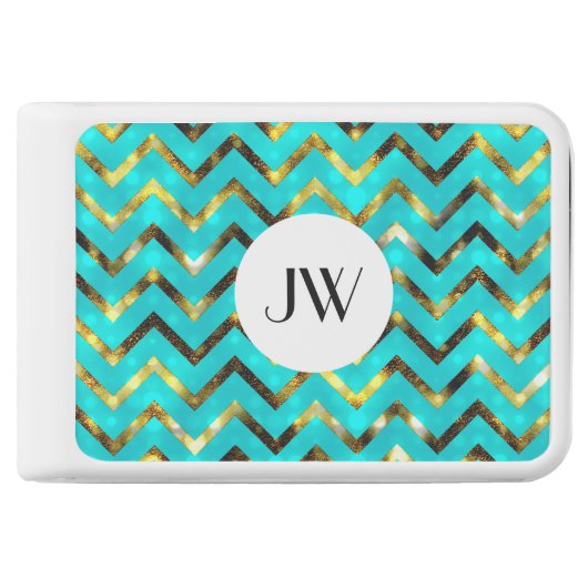 Girly glitter monogram turquoise gold power bank (Front)