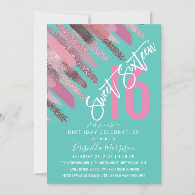 Girly Glitter Paint Brushstroke Pink Teal Sweet 16 Invitation (Front)