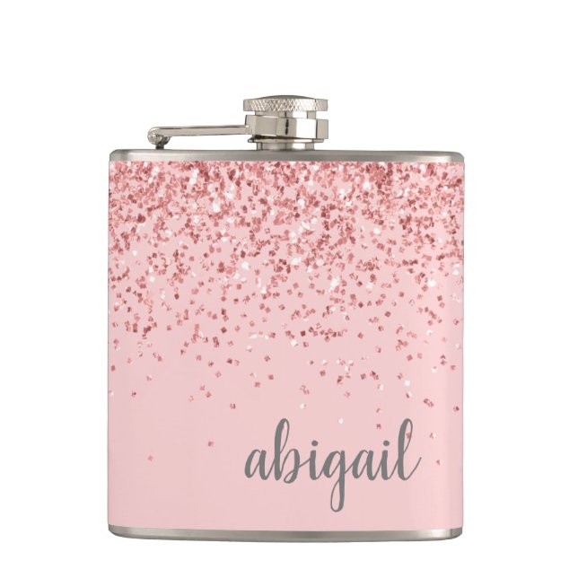 Girly Glitter Personalized Blush Pink Monogram Flask (Front)