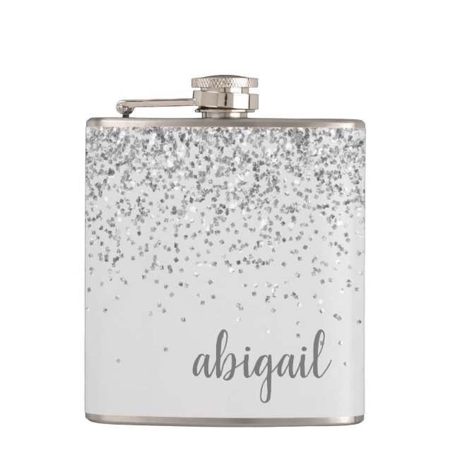 Girly Glitter Personalized Silver Monogram Name Flask (Front)