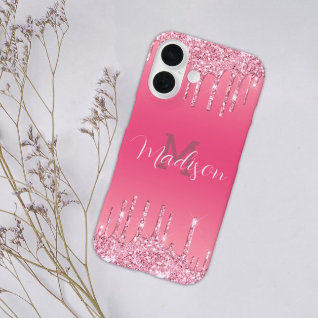 Girly Glitter Pink Drip Glam Monogram Add Name Case-Mate iPhone Case (Creator Uploaded)