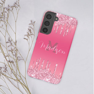 Girly Glitter Pink Drip Glam Monogram Add Name Samsung Galaxy S22+ Case
