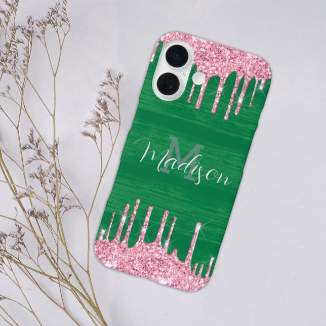 Girly Glitter Pink Green Drip Monogram Add Name Case-Mate iPhone Case (Creator Uploaded)