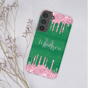 Girly Glitter Pink Green Drip Monogram Add Name Samsung Galaxy S22+ Case