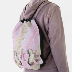 Girly Glitter Pink Skate Monogram  Drawstring Bag