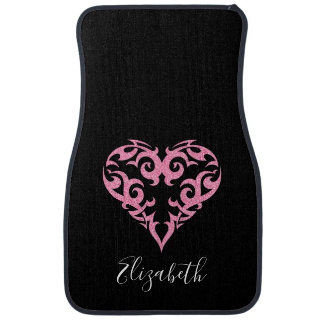 Girly Glitter Pink Tribal Heart Monogrammed Car Floor Mat (Front)