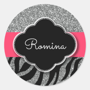 Girly Glitter Pink Zebra Pattern Personalized Name Classic Round Sticker