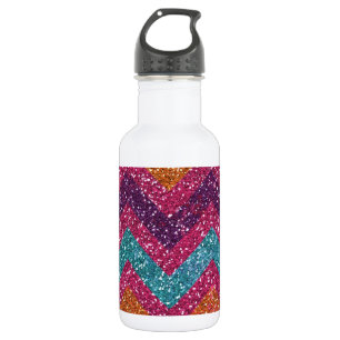 Girly Glitter Print Chevron Stripes Teal Pink Stainless Steel Water Bottle