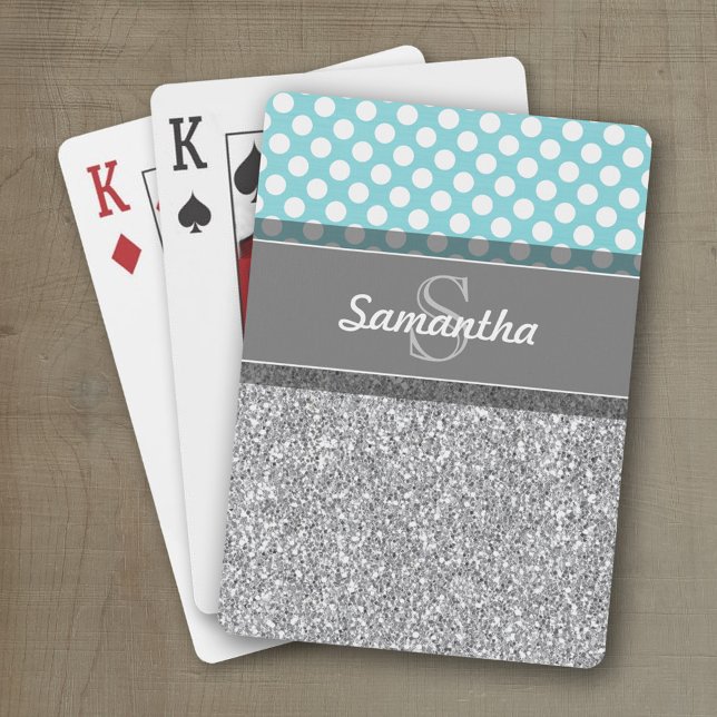 Girly Glitter Print Pattern with Custom Monograms Poker Cards (Personalized playing cards with a funky pattern and a place for a name)