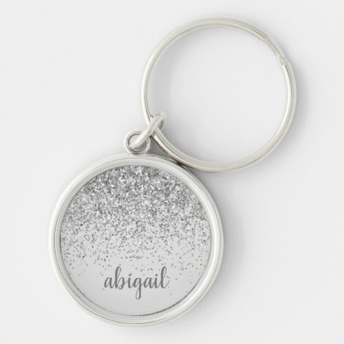 Girly Glitter Silver Modern Monogram Name Keychain