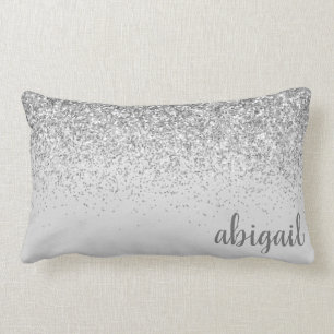 Girly Glitter Silver Monogram Name Modern Lumbar Pillow