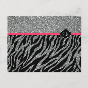 Girly Glitter Silver Pink Zebra Add Your Initial Postcard