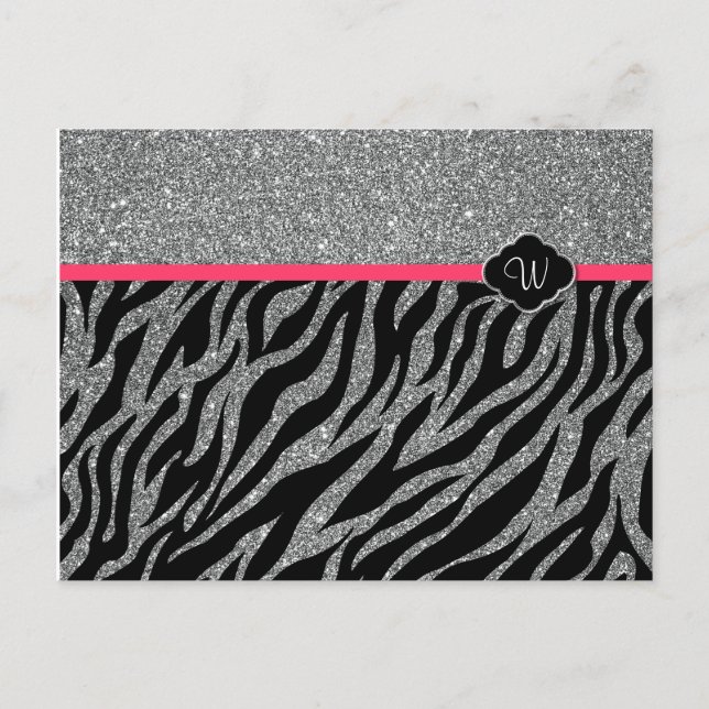 Girly Glitter Silver Pink Zebra Add Your Initial Postcard (Front)