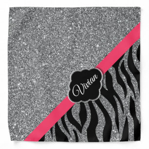 Girly Glitter Silver Pink Zebra Glam Add Your Name Bandana