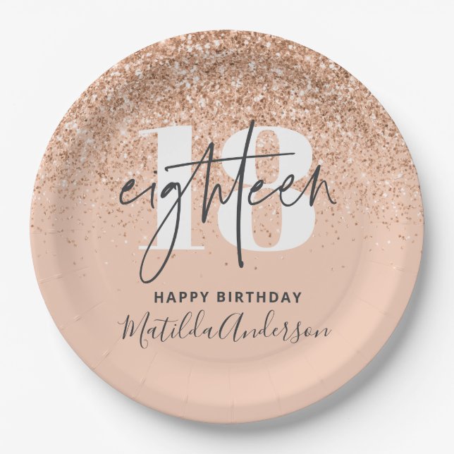 Girly glitter sparkle modern 18th birthday party paper plates (Front)