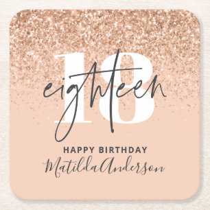 Girly glitter sparkle modern 18th birthday party square paper coaster