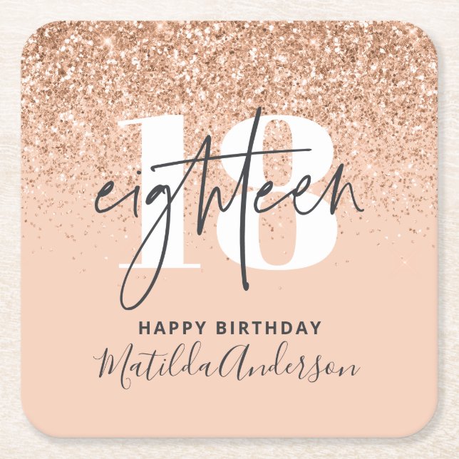 Girly glitter sparkle modern 18th birthday party square paper coaster (Front)