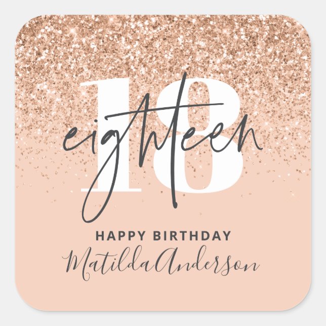 Girly glitter sparkle modern 18th birthday party square sticker (Front)