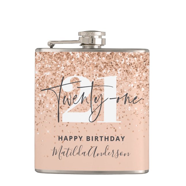 Girly glitter sparkle modern 21st birthday flask (Front)