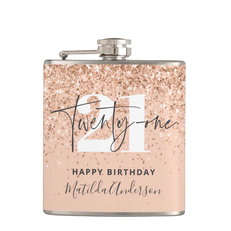 Girly glitter sparkle modern 21st birthday flask Zazzle