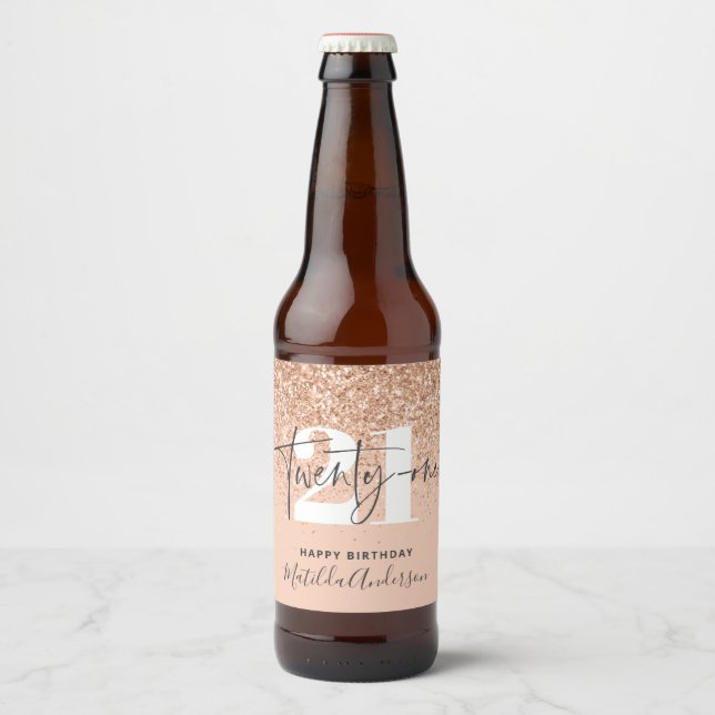 Girly glitter sparkle modern 21st birthday party  beer bottle label (Front)