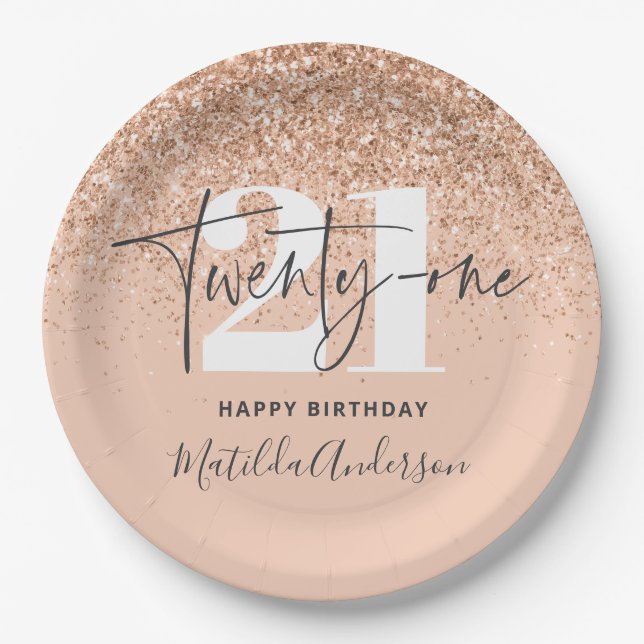 Girly glitter sparkle modern 21st birthday party paper plates (Front)